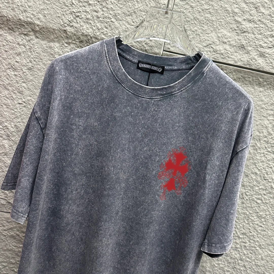 🅿️180 CH* Crow Heart* 2025 spring and summer new style Snowflake distressed washed retro round neck short sleeves Chest and front logo Horseshoe print Customized fabric Short-sleeved T-shirt Unisex Size: S M L XL XXL Color: Snowflake Black Snowflake Gray Snowflake Pink Snowflake Blue